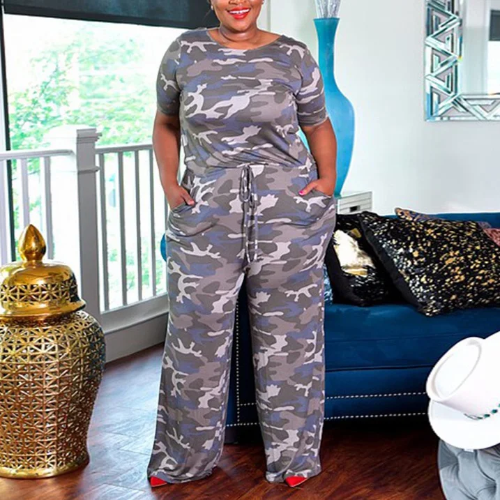 4xl 5xl Plus Size Jumpsuits For Women Camouflage Printed Loose High Waist long Fashion High Street Elegant Large Rompers 2021