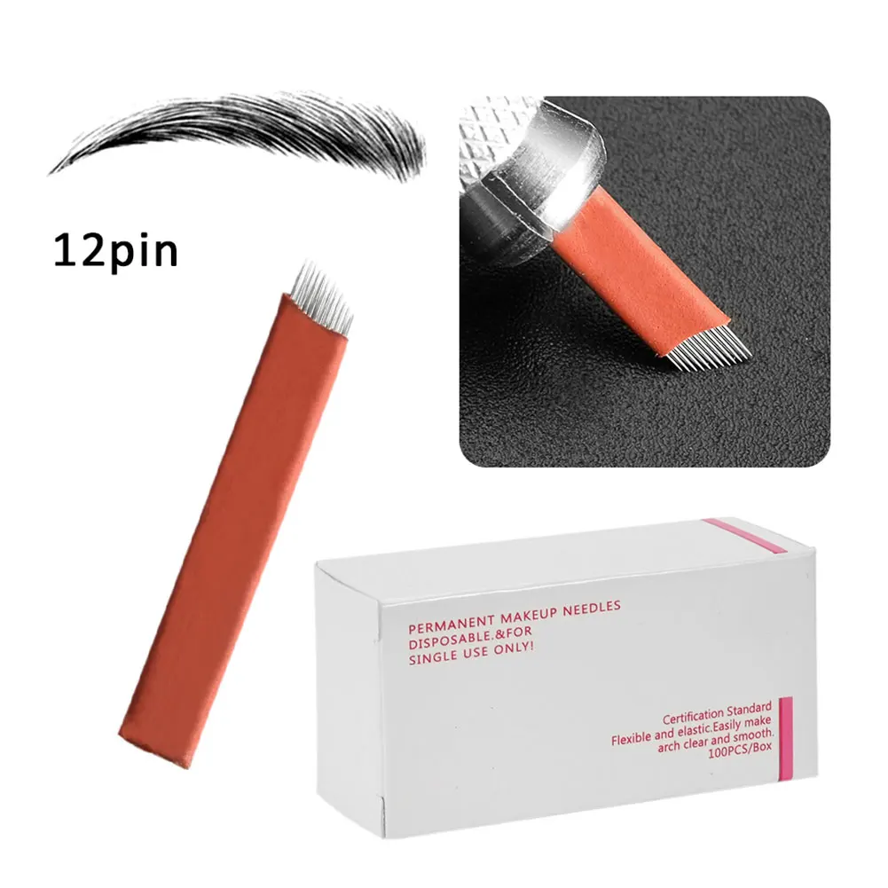 

100PCS Eyebrow Tattoo Needles Stainless Steel Makeup Eyebrow 12 PCD Tattoo Manual Disposable Tool For Manual Tattoo Pen Style1