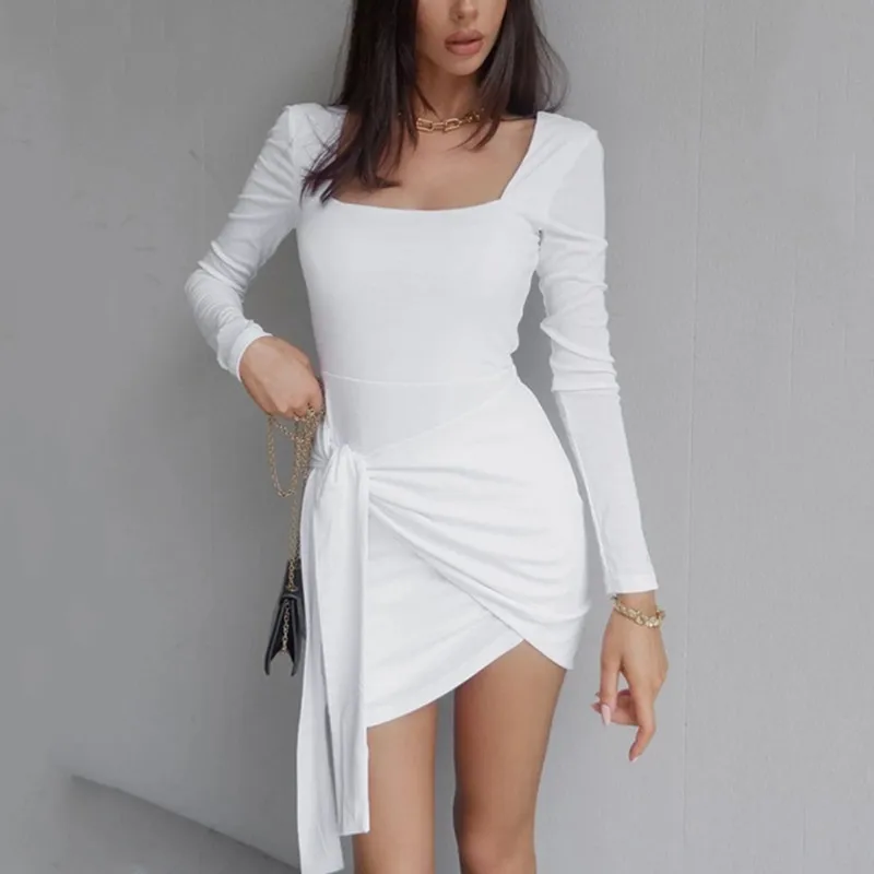 

Женское летнее облегающее платье, элегантное модное вечернее платье с квадратным вырезом, короткие платья на шнуровке с длинным рукавом и в...