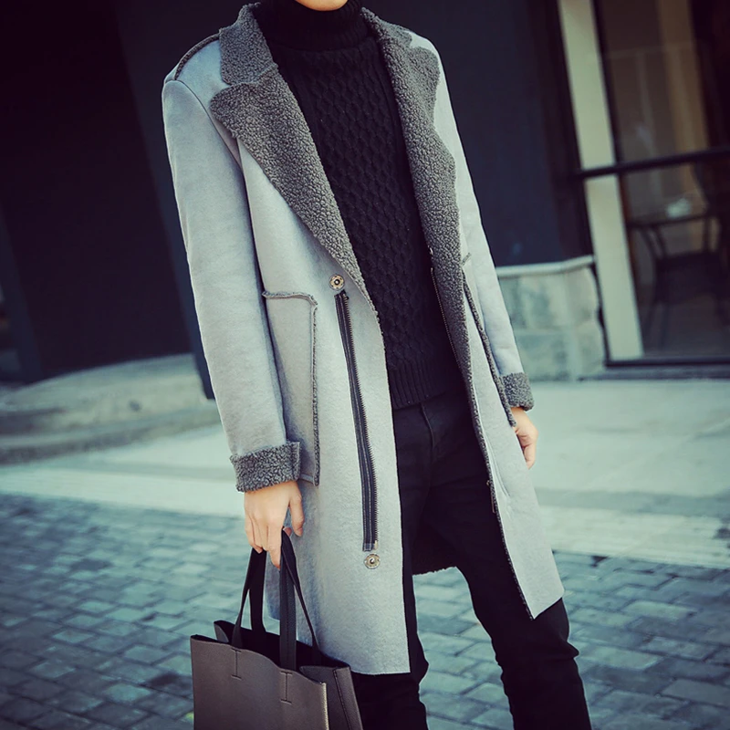 M-XXL! зимний модный мужской Тренч из овечьей кожи средней длины тренд для молодых