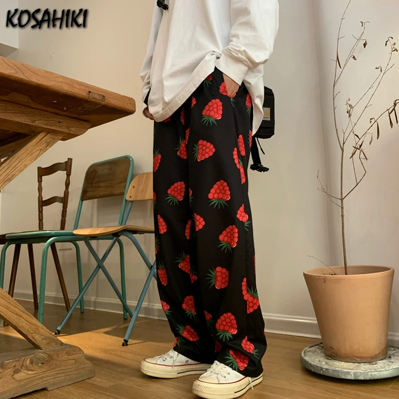 

KOSAHIKI Women Pants Streetwear Gothic Wide Leg Trousers Strawberry Print Casual Hip-hop Y2k Harajuku Femme Aesthetic Pantalon