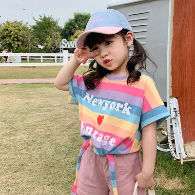 

Baby Girl Cotton T Shirt 2020 Summer New Kids Girls Rainbow Print Short Sleeve T Shirt Clothes Toddler Casual Cute Top Tees 2-8Y