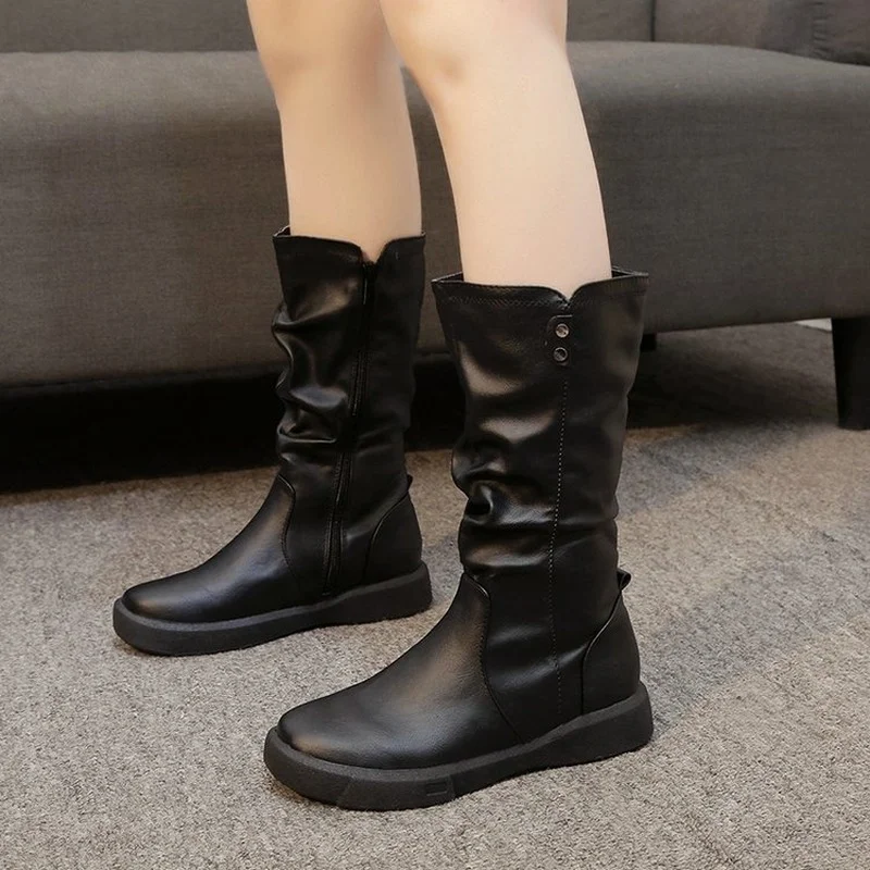 

Winter Plush Women Boots Mid Calf Boots Retro Round Toe Comfortable Platform Motorcycle Boots Zipper Women's Shoes Botas Mujer