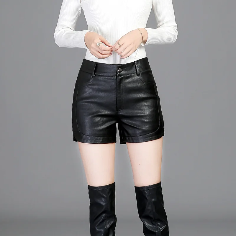

Women's Genuine Leather Shorts Elegant Black Sheepskin Shorts High Waist Ladies Plus Size Casual Sexy Shorts Female Summer