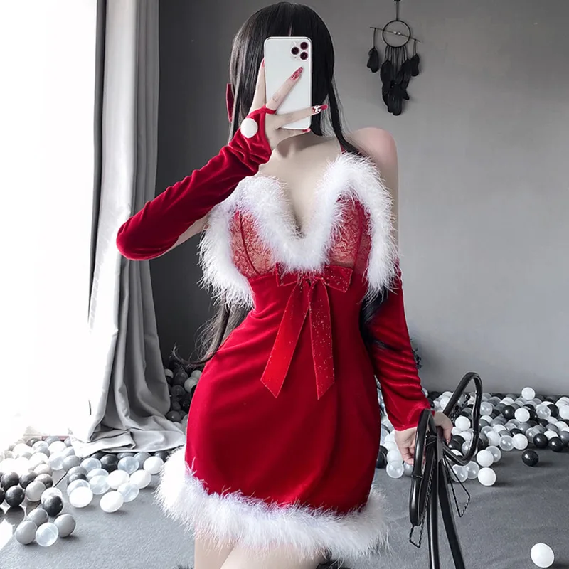 

Sling Bow Deep Red Pips Of Low-cut Woman's Velvet Sexy Back Lace Attire Christmas Stage Clothes Tempatation New Dress OK8H