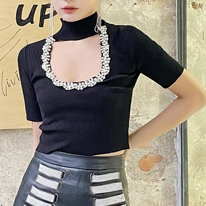 Женская водолазка TWOTWINSTYLE черная футболка в стиле пэчворк повседневная