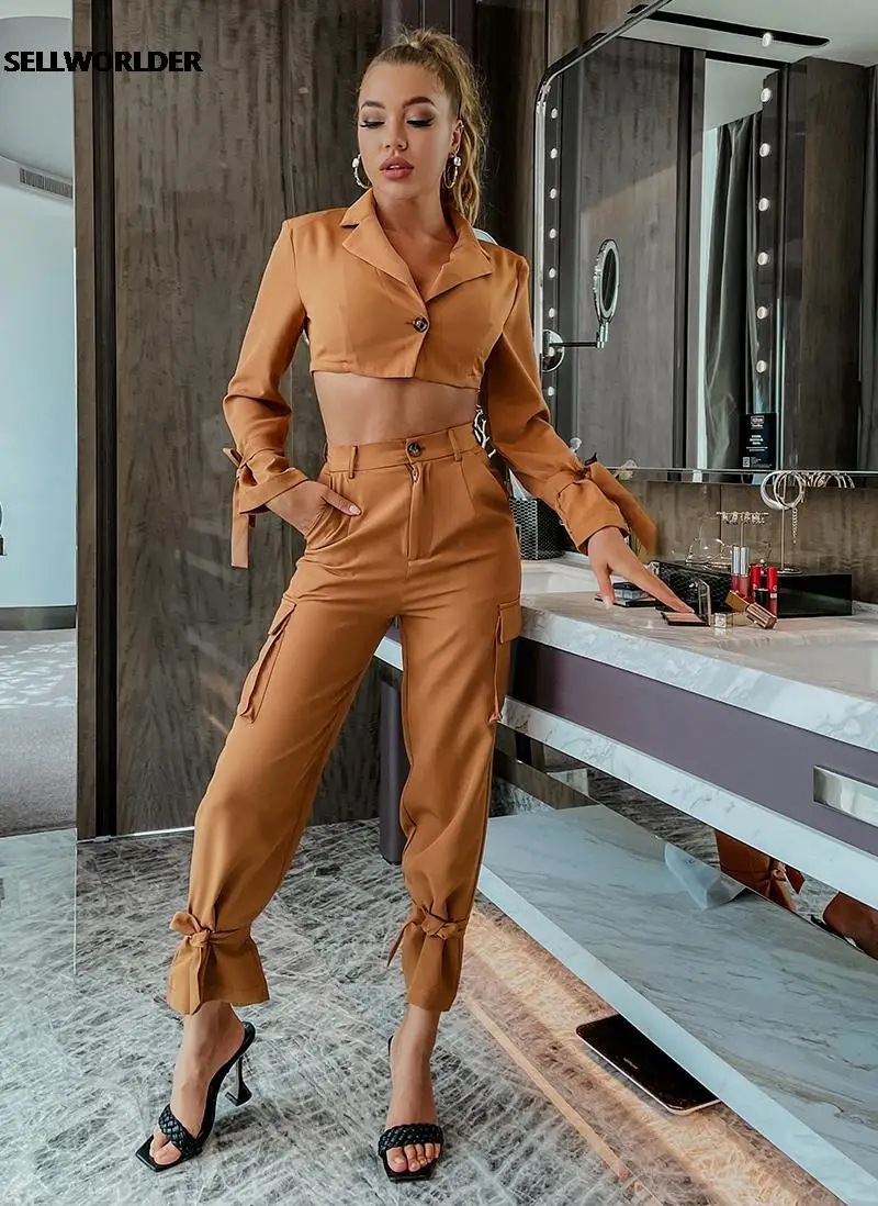 

Elegant Women 2 piece Suits Crop Blazer and High Waist Pants with Pockets Ladies Autumn Lace up Sets Jumpsuit Overalls