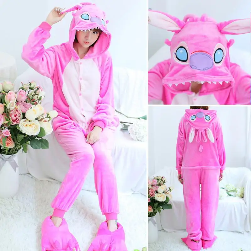 Pink Stitch FL Пижамы для взрослых, Женские Фланелевые пижамы, кигуруми, единорог, Ститч, тигр, Тоторо, Мультяшные животные, пижамные комплекты, пижамы с капюшоном - Цвет: Pink Stitch FL