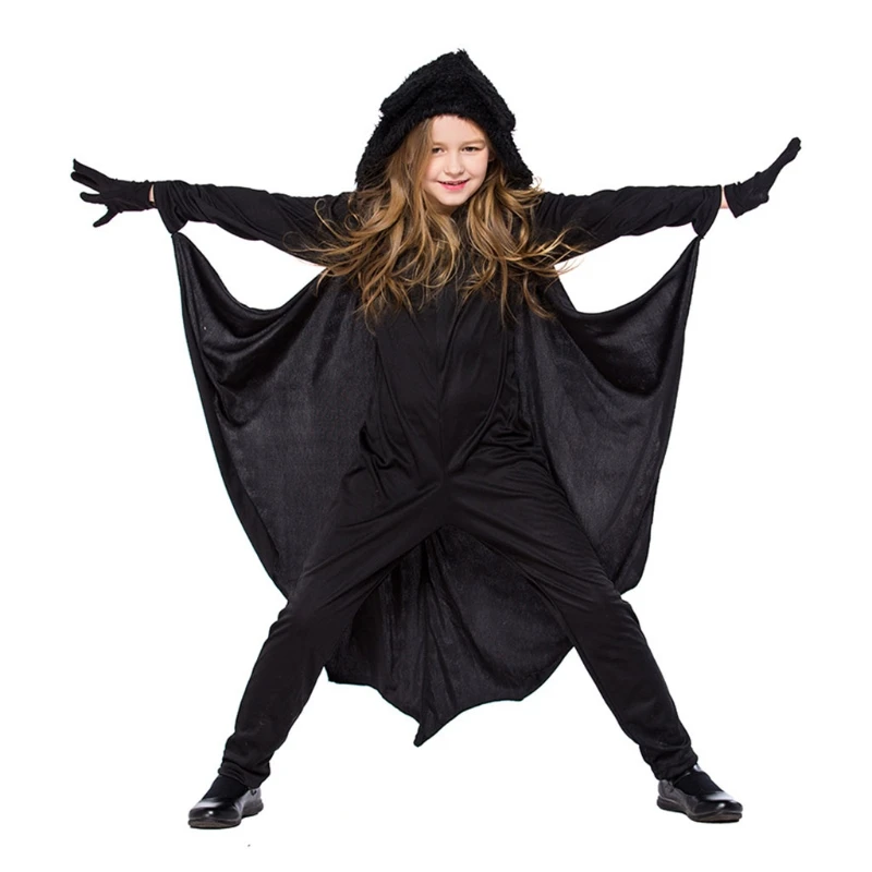 

Kids Halloween Flying Bat Cosplay Costume Fuzzy Plush Hooded Jumpsuit with Gloves Long Sleeve Batwings Black Dropshipping