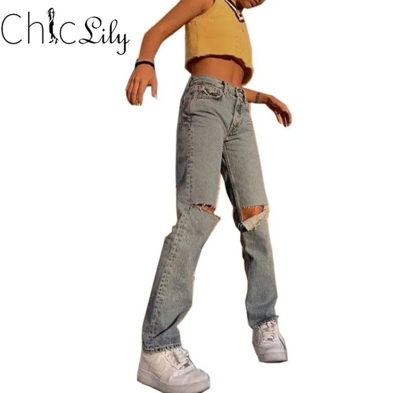 

Women's Fashion Hole Bleached Ripped Jeans Autumn Casual Mid-Waist Button Straight Jeans
