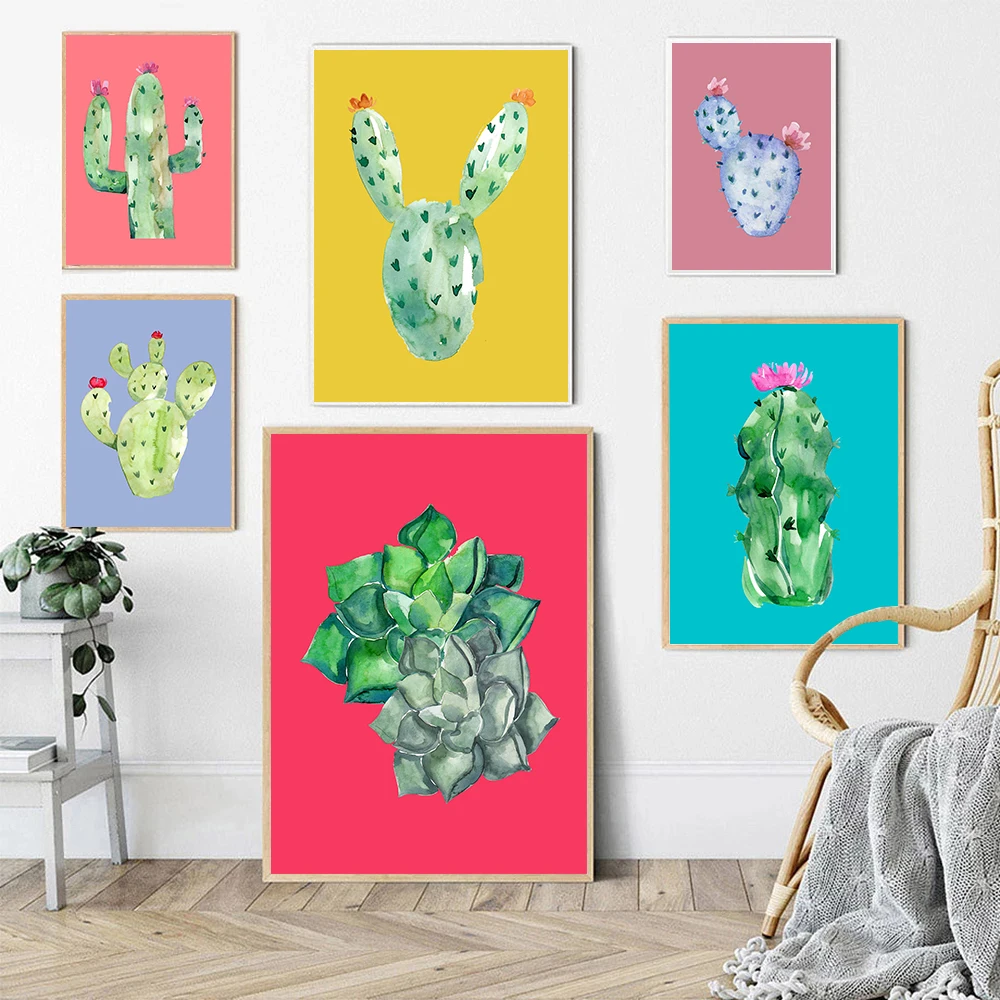

Art Print Cactus Bright Canvas Painting Fun Plants Watercolor Poster Wall Pictures Nordic Living Room For Home Decor No Frame