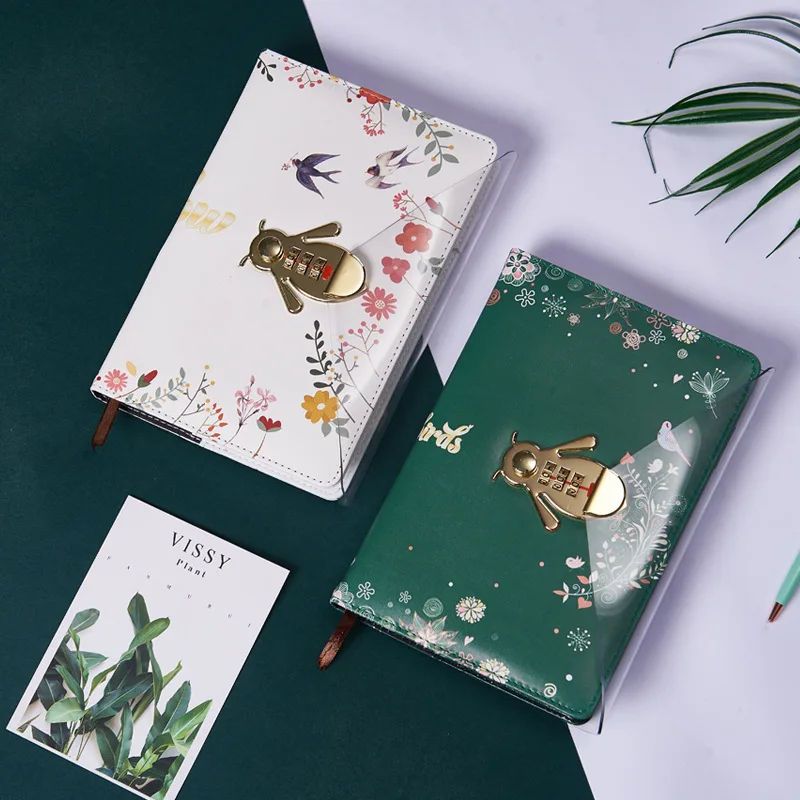 

Original lace bee style Password Notebook PU leather Gold with Lock Supplies Office Stationery line pages Diary Notepad