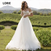 lorie boho wedding dresses puff sleeves a line appliques lace a line custom made simple wedding gown backless tulle bridal dress