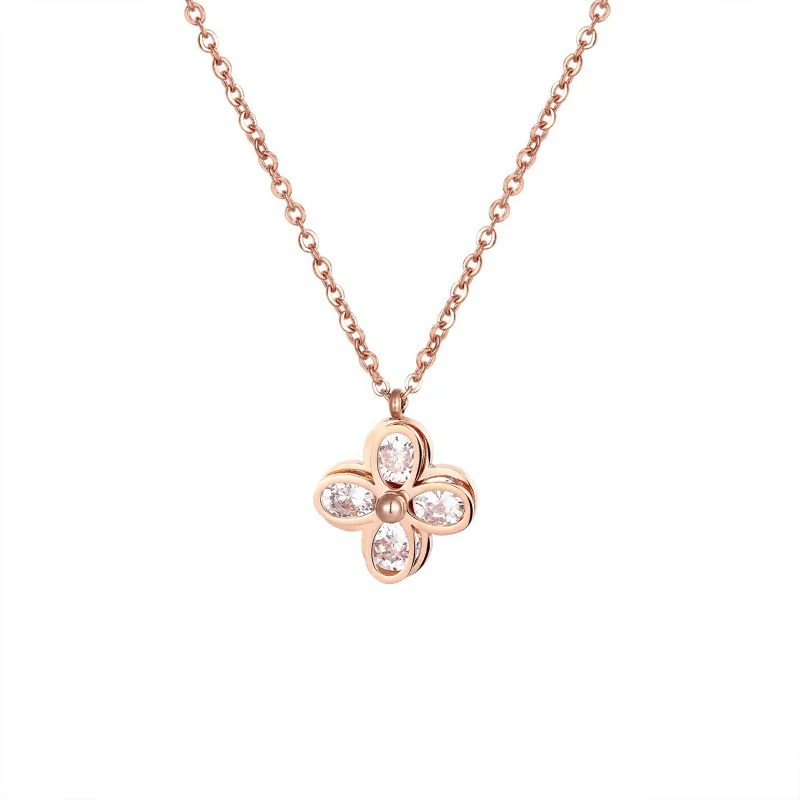 

2021 Crystal Clover Simple Korean Style Titanium Steel Necklace Female Clavicle Chain 18K Rose Gold Non-Fading Ornament