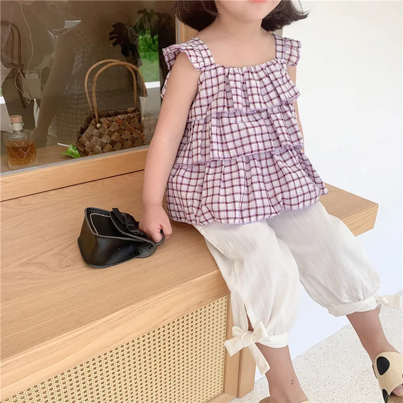 

2PCS WLG Girls Clothes Kids Outfits Summer Dot/plaid Shirt and Pant Set Baby Girl Casual All Match Clothing Set