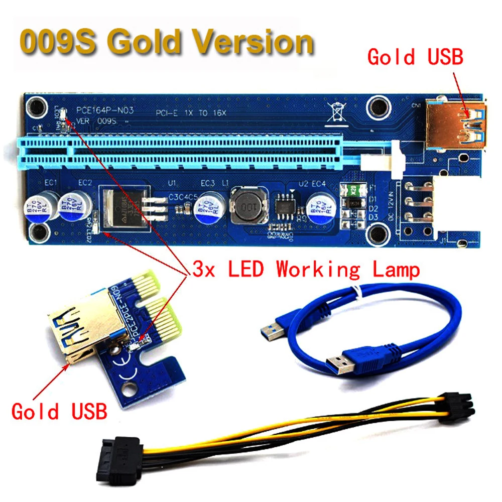 

VER009S PCI-E Riser Card With 3 LEDs USB 3.0 PCI-E 1X to 16X Extender Card Data Cable for Window Systems/XP/LINUX