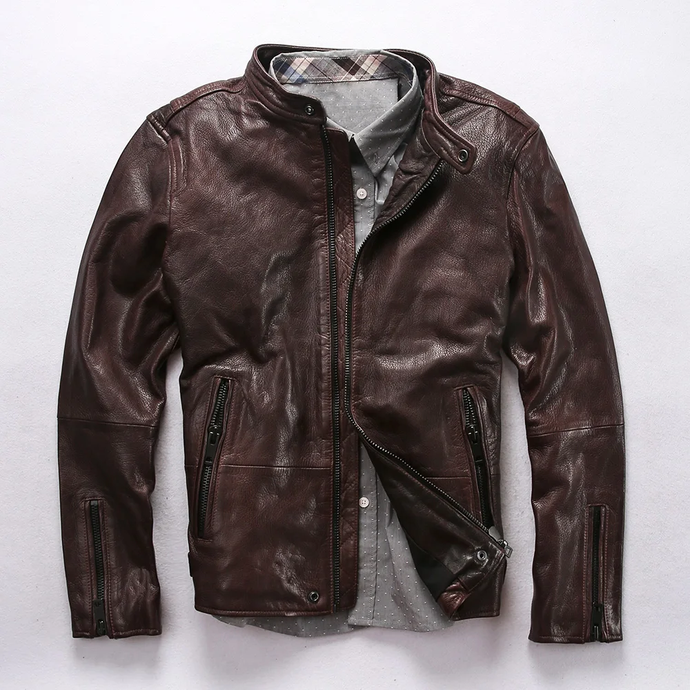 Мужская приталенная куртка из натуральной кожи B2 мотоциклетная с воротником