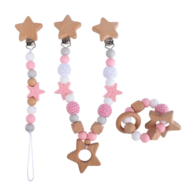 

3Pcs/Set Baby Stroller Hanging Clip Pendant Mobile Rattle Dummy Holder Pacifier Chain Wooden Ring Bracelet Teether Toy