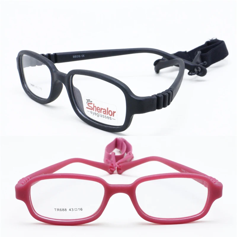 

High End Quality Flexible Hinge-less Rectangle Shape TR Environmental Myopia Eyeglasses with Prescription Lenses and Strap 688