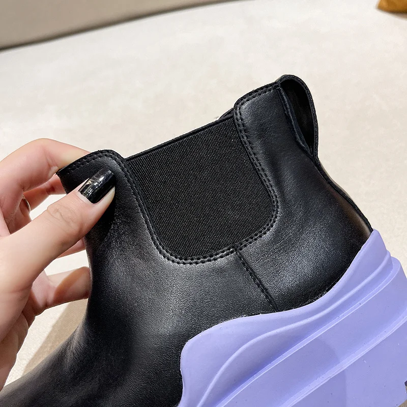 

2021 Spring Genuine Leather Ankle Botas Women Motorcycle Boots Female Shoes Thick Sole Punk Booties Black Beige Size 35-39 P05B