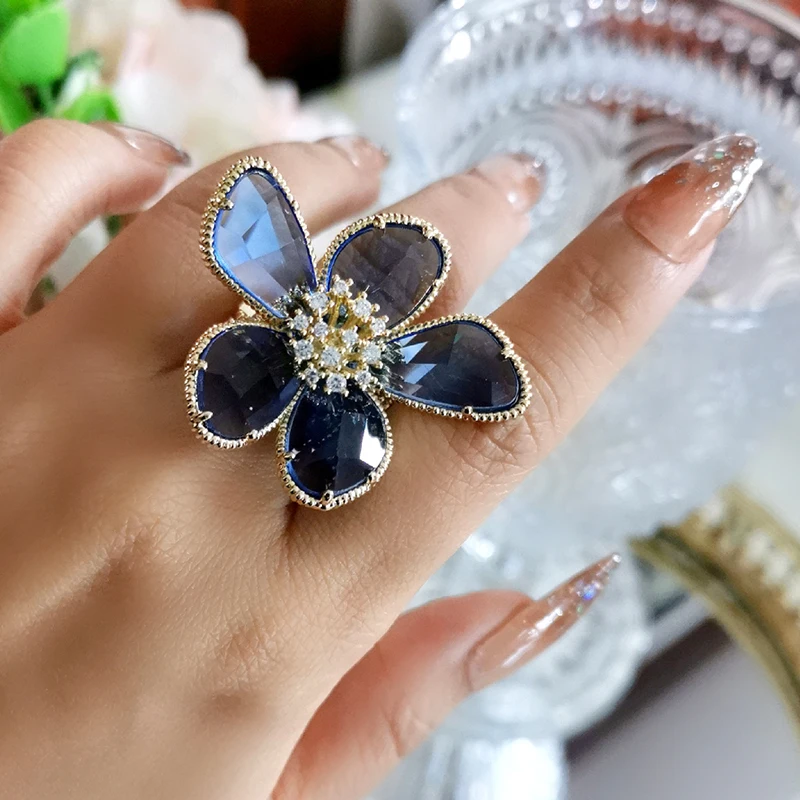 

KIOOZOL solid big flower rings for women with blue green purple red stone adjustable size party ring jewelry 102 KO1