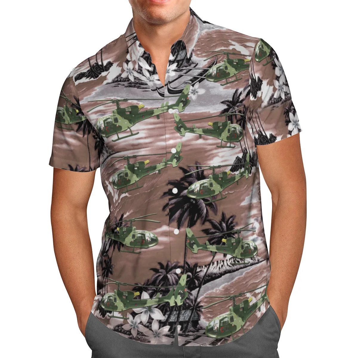 

Helicopter Print Short Sleeve Shirt For Men Loose Cardigan Button Shirts Plus Size Hawaiian Style Summer 2021 Ventilated Shirt-2