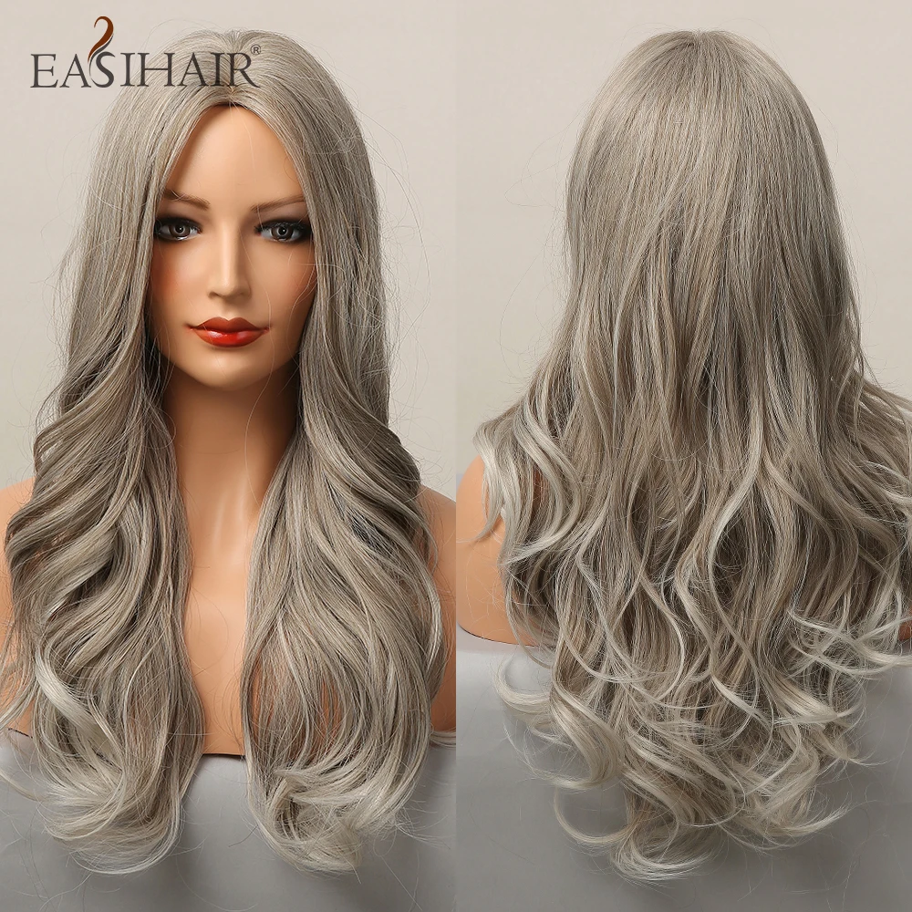 

EASIHAIR Long Gray Ombre Wigs Natural Hair Synthetic Wigs for Women Afro Wavy Wigs Daily Cosplay Heat Resistant