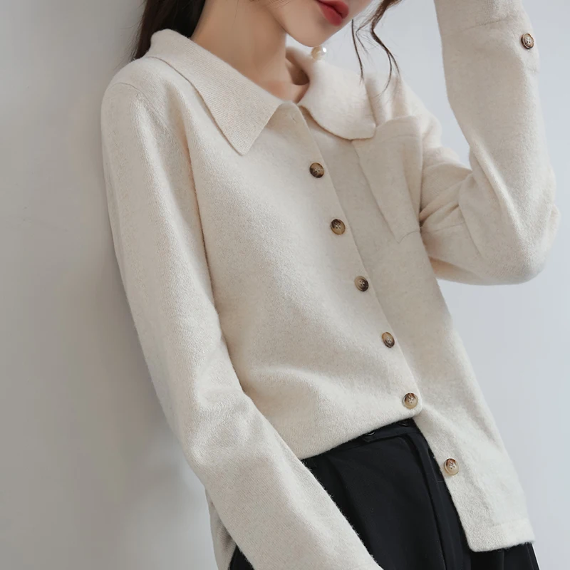 

Knitted cardigan women's 100% pure wool loose jacket thin spring autumn shirt versatile temperament polo collar shirt 2021 new