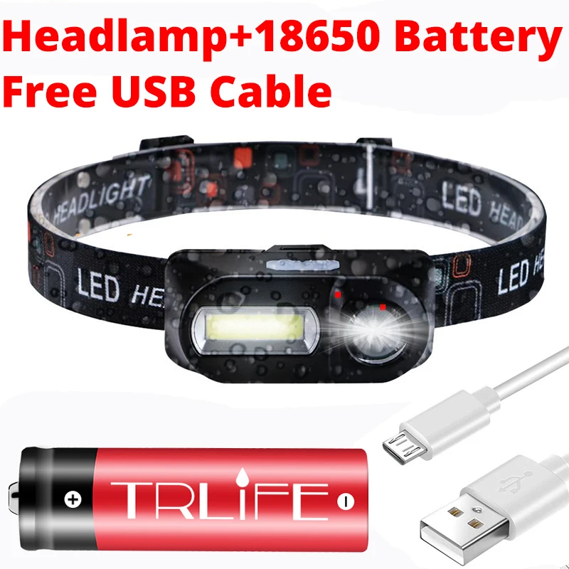 With Battery Мини светодиодный налобный светильник COB+ фонарь XPE налобный светильник вспышка светильник USB Перезаряжаемый 18650 фонарь для кемпинга ночной рыбалки светильник - Испускаемый цвет: With Battery