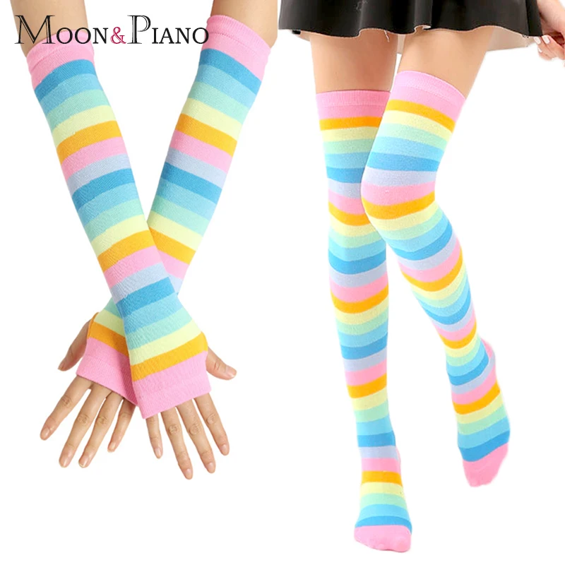 

Over Knee Stocking Rainbow Colorful Stripes Cotton Tight High Stockings Harajuku Hiphop Stripe Halloween Cosplay Sexy Women