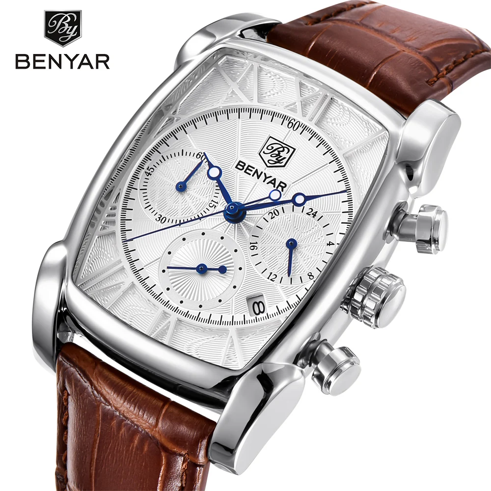 

BENYAR Fashion Sport Chronograph Men's Watches Waterproof 30M Genuine Leather Strap Luxury Classic Rectangle Case Quartz Watch