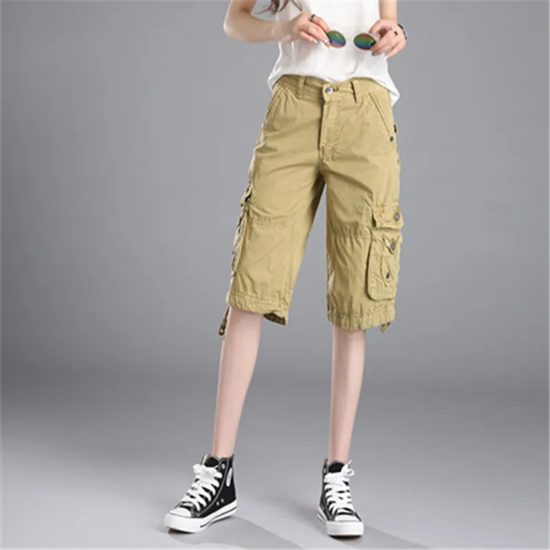

Streetwear Pockets Cargo Pants Women Summer Knee Length Pants Plus Size Mid Waist Straight Bottoms Lugentolo