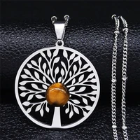 tree of life natural stone stainless steel chain necklace silver color charm necklace jewelry collar acero inoxidable%c2%a0n54s04