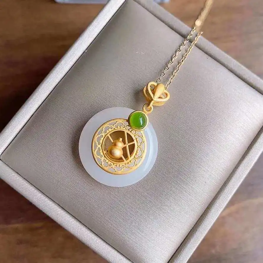 

New silver inlaid natural Hetian white jade gourd Pendant Necklace with Chinese unique ancient gold craft women's brand jewelry