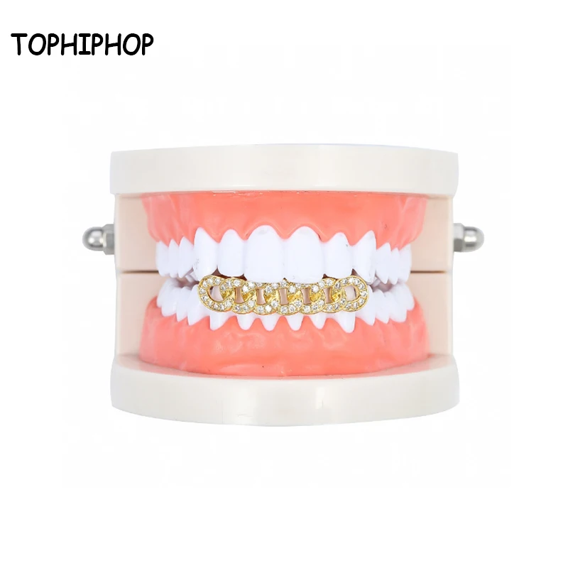 

TOPHIPHOP Cuban Link Grillz Gold-Plated Hip-Hop Bottom Tooth Grillz Micro-Inlaid CZ Stone Tooth Grills as a Gift