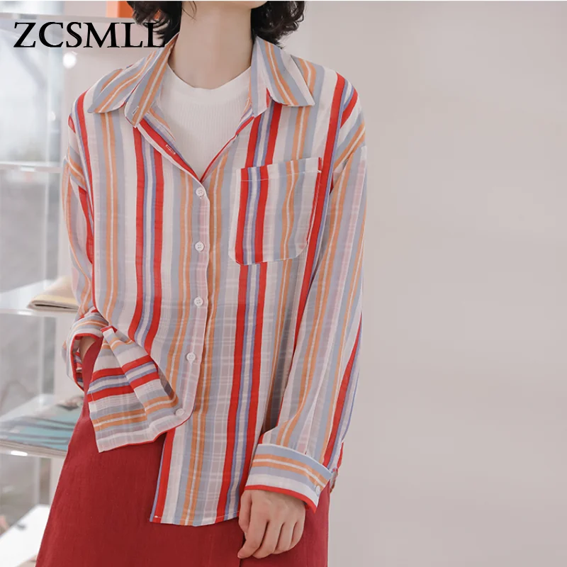 

ZCSMLL Retro Chiffon Shirt Female Korean Lazy Wind Loose Vertical Stripes Sunscreen Long-sleeved Square Collar Women Top