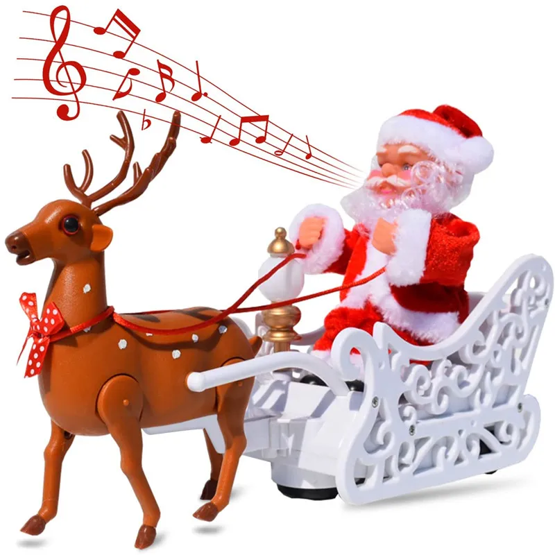 

Santa Claus Doll Elk Sled Toy Christmas Electric Car Pulling Cart Music Running Walking Singing Xmas Decor Gifts Children Kids