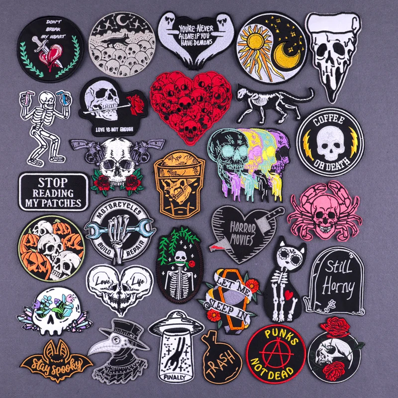Нашивки с вышивкой черепа и скелета термоклейкие нашивки для одежды стильные в