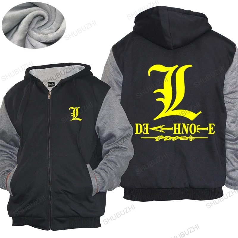 

Mens winter warm coat loose tops New Death Note L logo Gold Horor Anime Men's thick hoody unisex hoodie women Fleece hoody