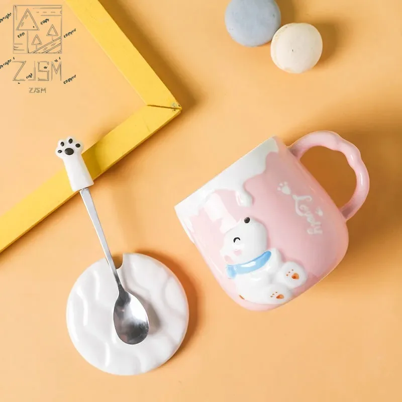 

500ML Creative Ceramics Mug Cat Claw Spoon With Lid Cute Cartoon White Bear Personality Home Milk Breakfast Cup