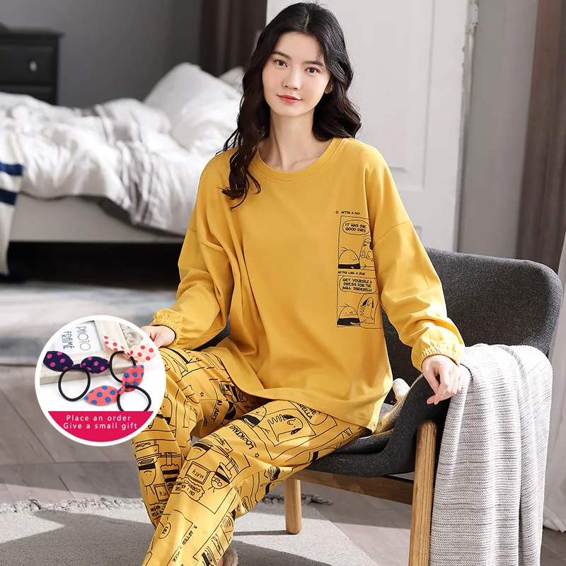 

Long Sleeves Long Pants Pajama Sets Yellow Cartoon Cotton Plaid Women's Pyjamas Loungewear Home Suit Autumn Winter Loose Pijamas