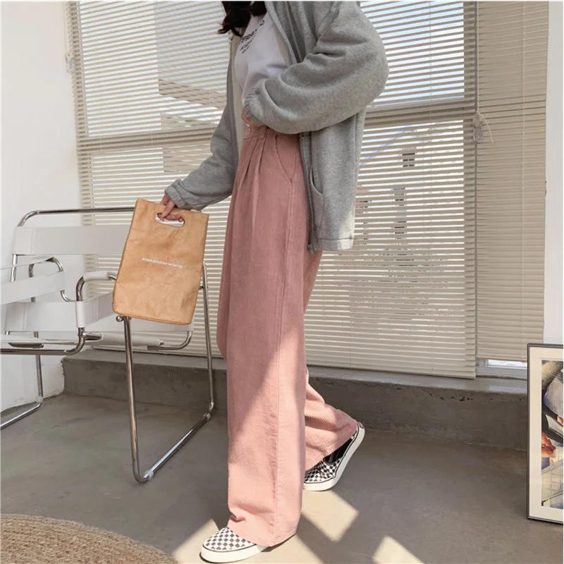 

Новинка 2021, прямые женские брюки, элегантные винтажные однотонные джинсы с высокой талией, повседневные свободные женские брюки в Корейско...