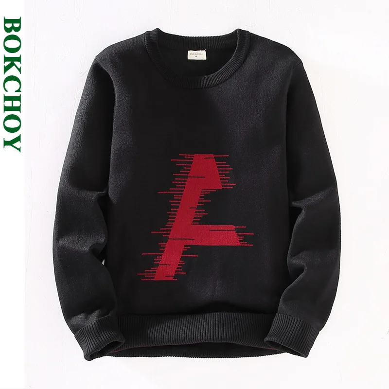 

2021 Autumn Winter New Men Round Neck Sweater Young Men Thickening Trend Bottoming Slim Printed Black Knitted Top 20102