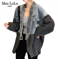 max lulu 2021 blue denim patchwork knitted trench autunm womens loose casual windbreakers female v neck vintage punk clothing