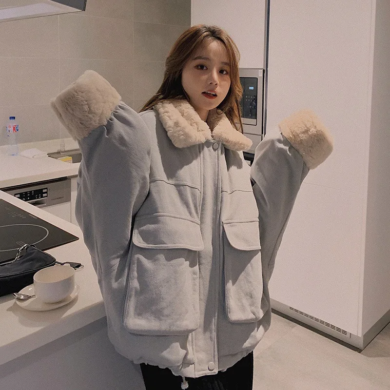 

2020 Winter New Loose Short Tooling Thick Lamb Hair Small Padded Jacket Women Harajuku Jacket Coat