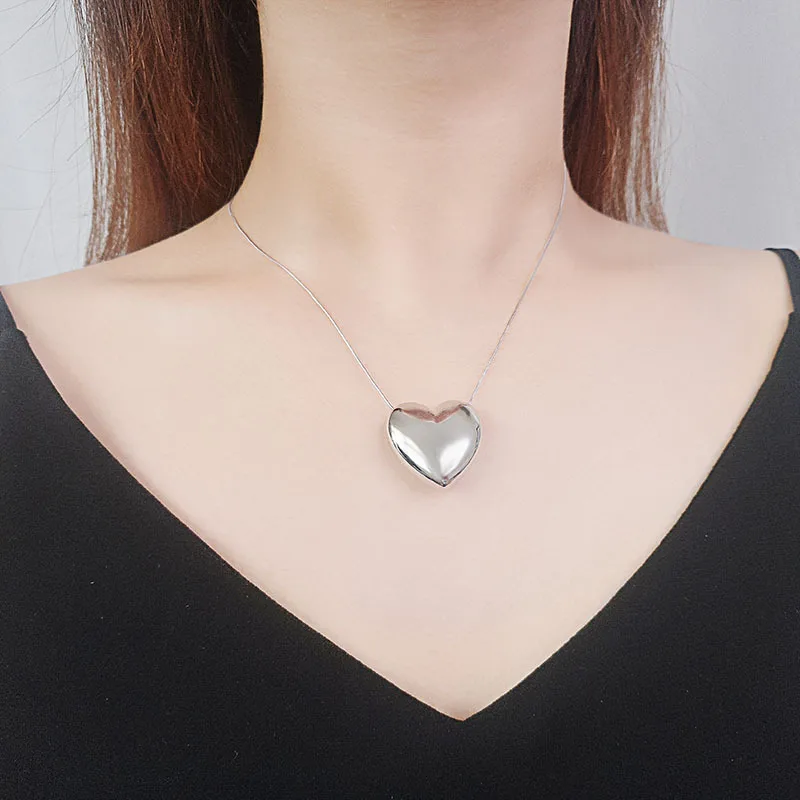 

S925 Sterling Silver Korean Large Love Pendant Heart-shaped Necklace For Women Female Party Gift Daily Wear Jewelry