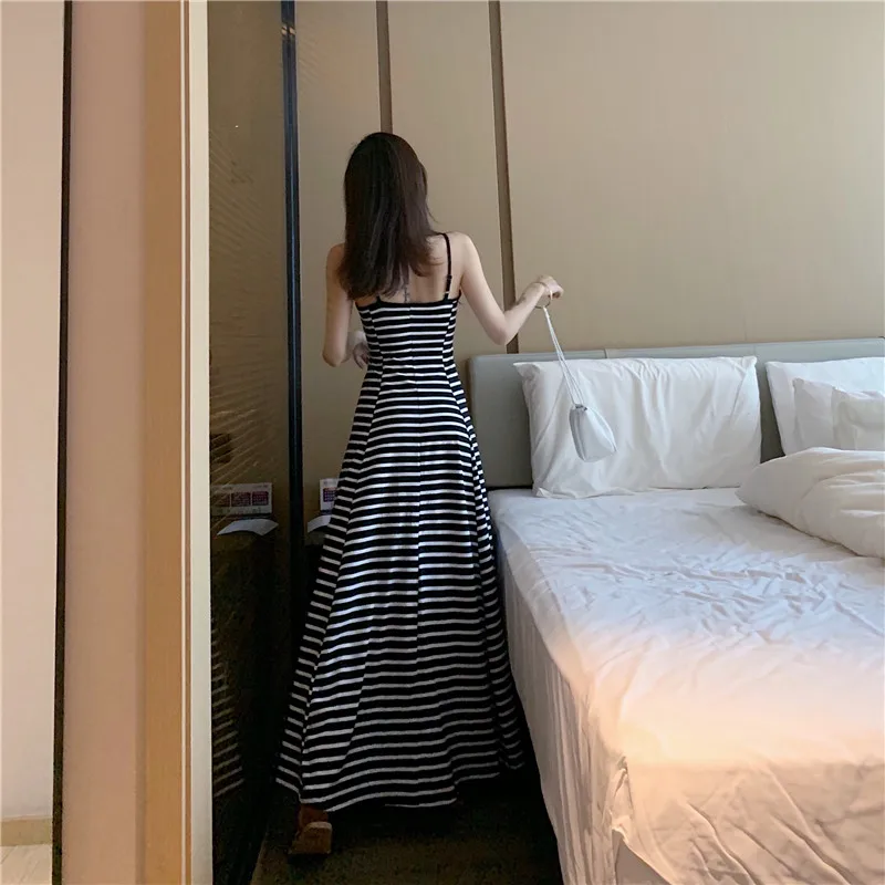 

V-neck Striped Low-cut Backless Summer Spaghetti Strap Woman Dress Off Shoulder Black Long Dresses Female Clothes New Fashion