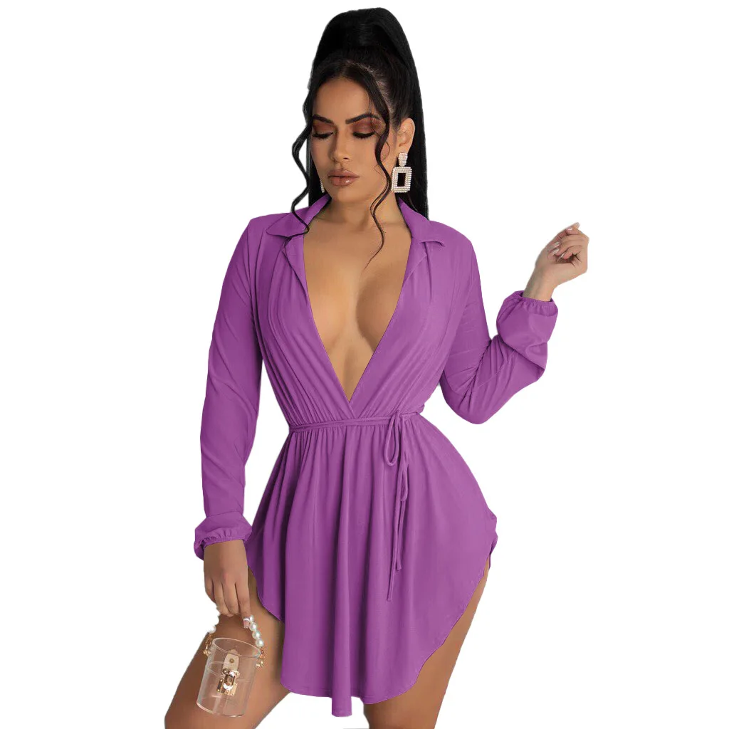 

SSEURAT Women Dress Solid Full Sleeve Turn-down Collar Drawstring Waist Asymmetrical Mini Dresses Sexy Night Club Party Vestidos