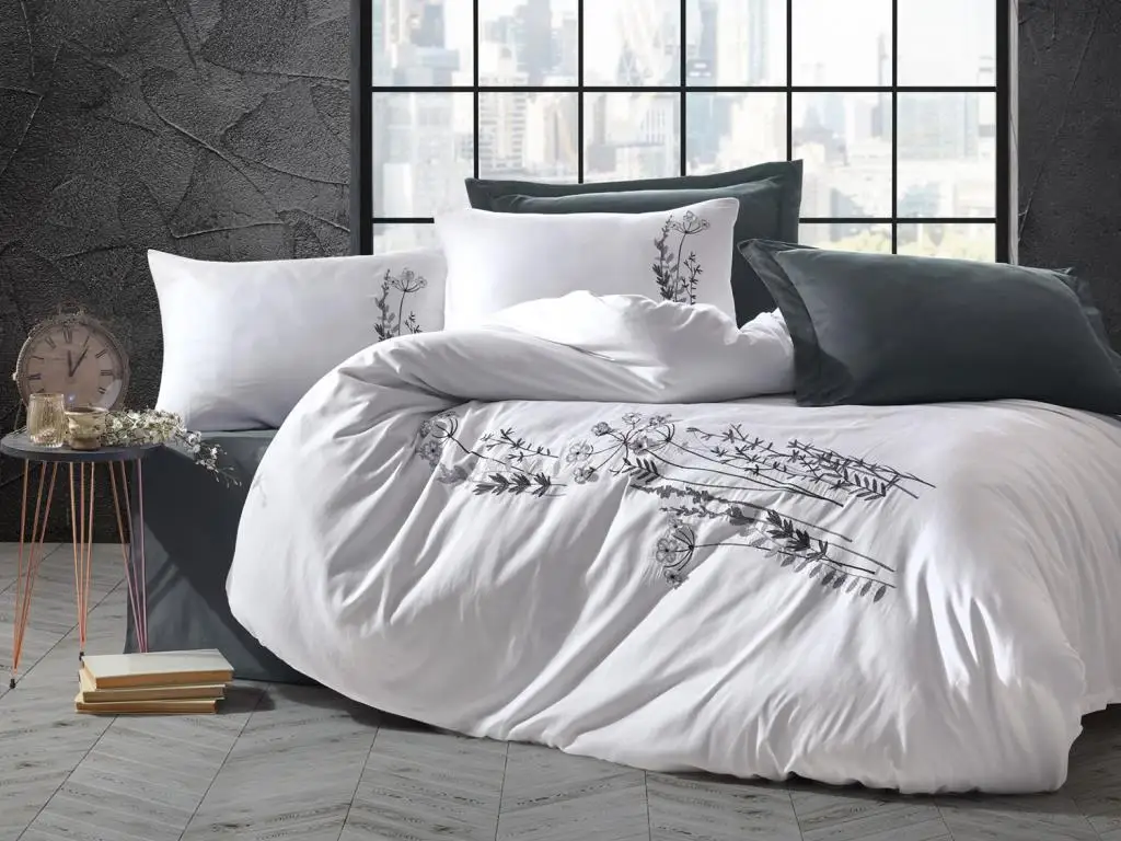 

Cottonbox 3D Embroidered Satin Double Bed Duvet cover set Nicci Anthracite
