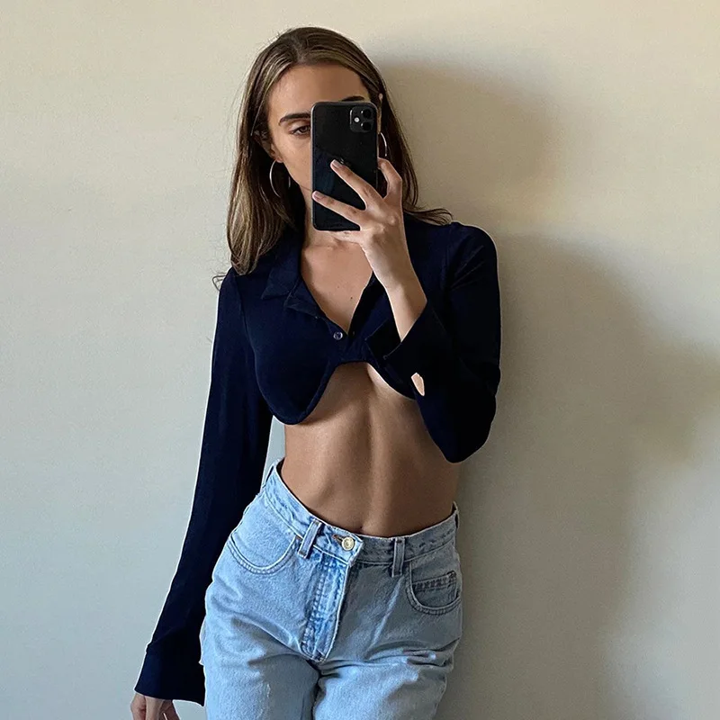 Футболка женская однобортная с длинным рукавом пикантный укороченный топ